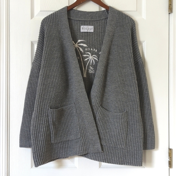 The Beach People Sweaters - The Beach People The Twin Palms Ribbed Knit Open Front Cardigan Sweater Gray M/L